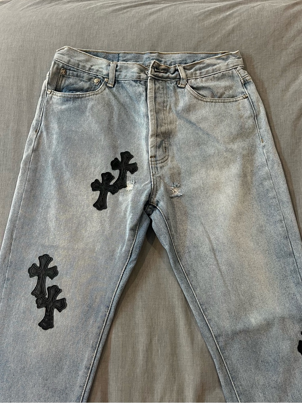 Chrome Hearts Light Blue Slim Straight Jeans with Black Cross Patches - Picture 2 of 8